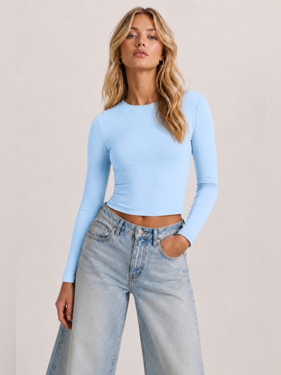 Susana Monaco Tops - Susana Monaco Long Sleeve Crew Top Hydrangea Light Blue Large NWT Stretch Jersey